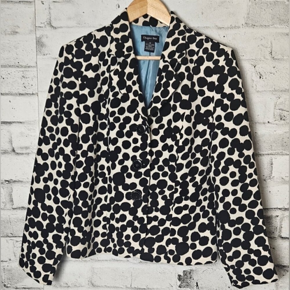 Chapter One Black White Floral Polka Dot Blazer Womens Size 10 Retro